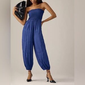 By Anthropologie Silky Jacquard Balloon Jumpsuit Blue Size Medium